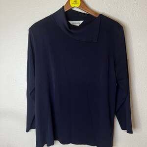 Exclusively Misook dark blue asymmetric collar blouse WOMENS XL